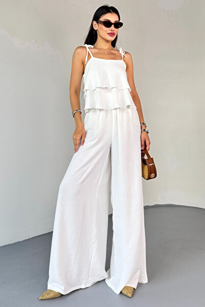 Cappmoda Tkm-13323 White Adjustable Strap Flowing Blouse & Waist Elastic Casual Pants Cotton Double Suit