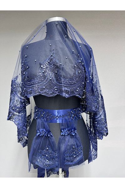 Hayalperest boncuk Vivienne Pearl Detailed Bridal Veil Special Design Veil for Henna Navy Blue