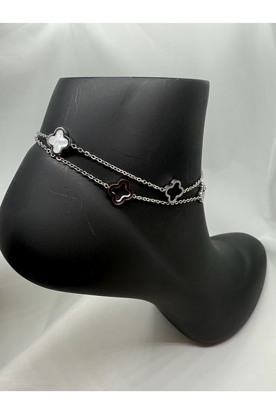 Mila Lumiere Double Chain Silver Color Steel Anklet with Four Clover Figures