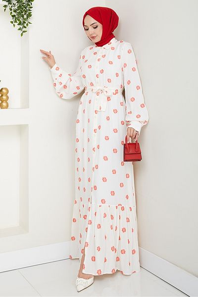Bestenur Anif Floral Pattern Belted Dress 1554 - Red