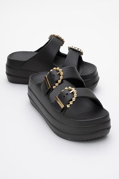 CCWAY AYAKKABI Women's Buckle Slippers BLACK