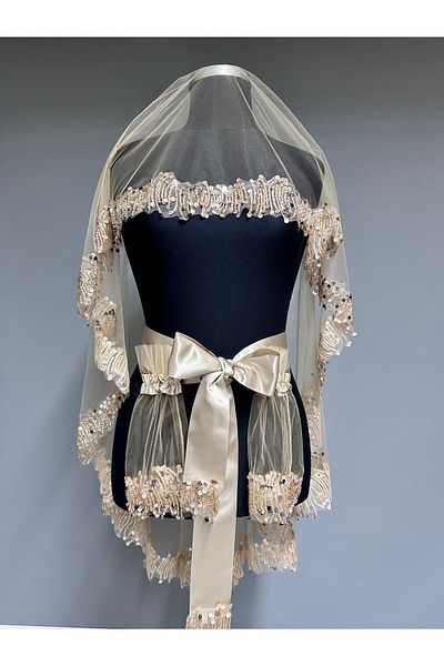 Hayalperest boncuk Elegant and Sparkling Bridal Veil with Special Artistic Design and Sequin Detail Honey