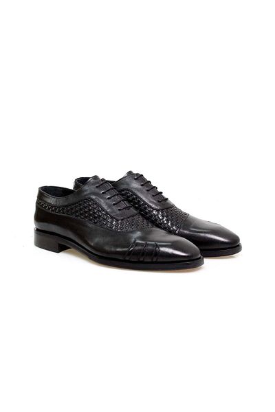 Butik Black Color Lace up Khaki Leather Knitted Men's Shoes