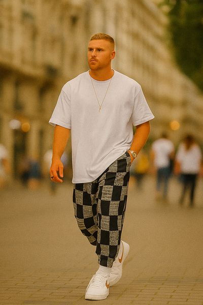 SUPERBLUE Men's Checkered Patterned Black Jogger Baggy Trousers