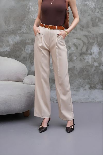 LAND MODA Women's High Waist Loose Wide Leg Belt Pleated Woven Fabric Palazzo Pants