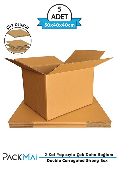 PackMai 50x40x40cm 5ADET 1.Kalite 6mm Çift Oluklu Kalın Karton Koli Kutu (Ev Taşıma-Kargo-Taşınma-Çeyiz)