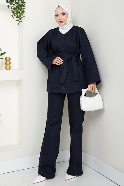 Bestenur Belted Jacket Trousers Gabardine Suit 1557 - Navy Blue