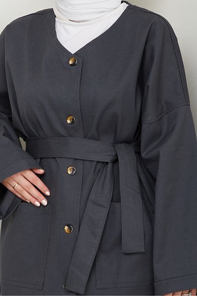 Bestenur Belted Jacket Trousers Gabardine Suit 1557 - Anthracite