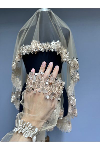 Hayalperest boncuk Elegant and Sparkling Bridal Veil with Special Artistic Design and Sequin Detail Honey