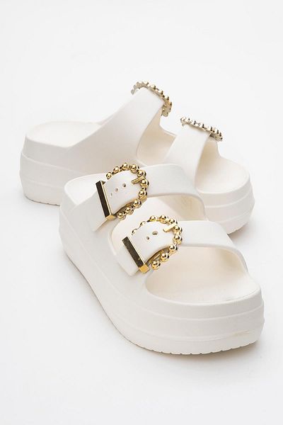 CCWAY AYAKKABI Women's Strappy Buckle Slippers Ekru