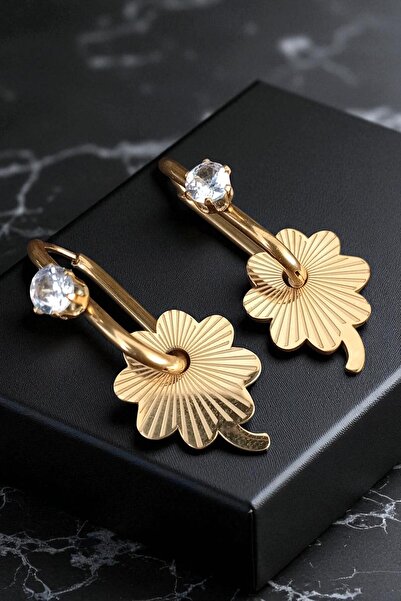 Lina Tia Kadın Çelik Altın Kaplama Zirkon Taşlı Kare Yonca Figür Sallantılı T...