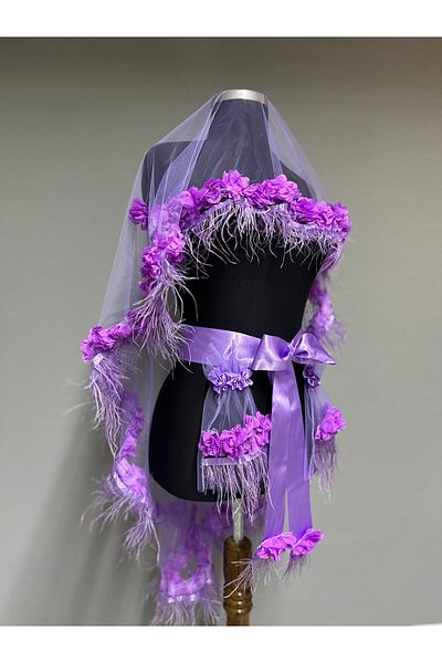Hayalperest boncuk Melody Model Elegant Modern Henna Veil with Feather and Flower Details Purple