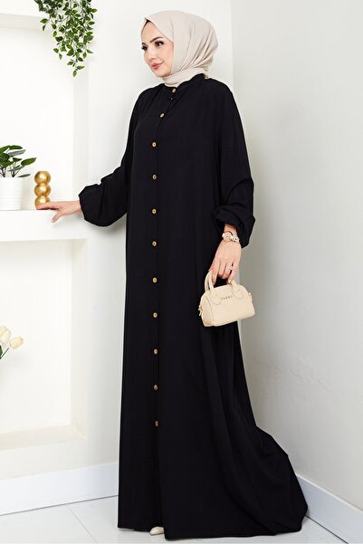 Bestenur Tam Boy Düğmeli Dokuma Viskon Ferace Elbise 1556 - Siyah