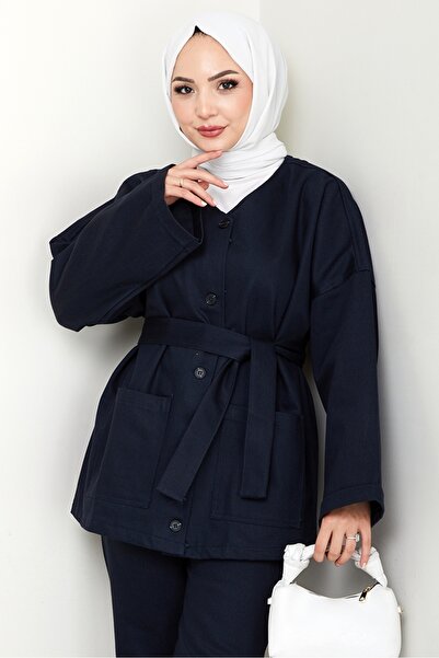 Bestenur Belted Jacket Trousers Gabardine Suit 1557 - Navy Blue