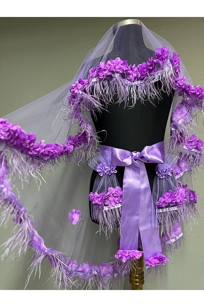 Hayalperest boncuk Melody Model Elegant Modern Henna Veil with Feather and Flower Details Purple