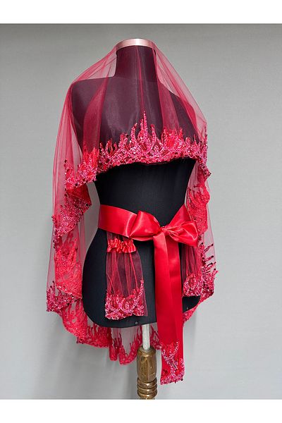 Hayalperest boncuk Liora Bridal Veil Sequin Decorated Special Artistic Design Red
