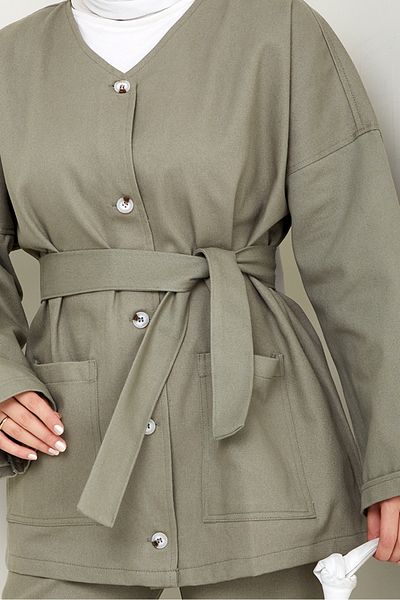 Bestenur Belted Jacket Trousers Gabardine Suit 1557 - Mint