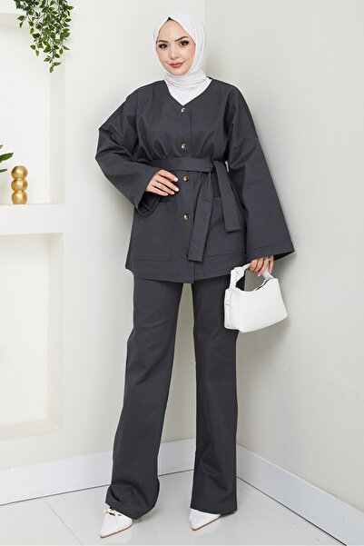 Bestenur Belted Jacket Trousers Gabardine Suit 1557 - Anthracite