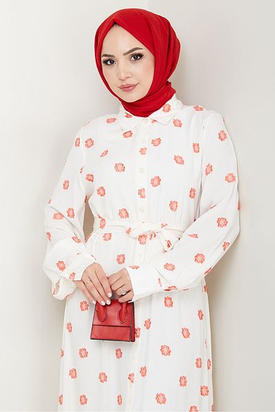 Bestenur Anif Floral Pattern Belted Dress 1554 - Red