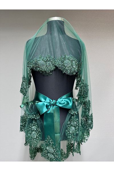 Hayalperest boncuk Serene Elegant Henna Veil with Lace and Bead Embroidery Green