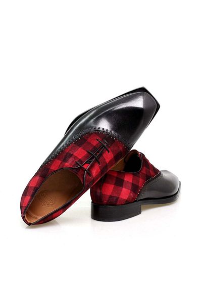 Butik Black Color Lace up Bordo Plaid Khaki Leather Suede Men's Shoes