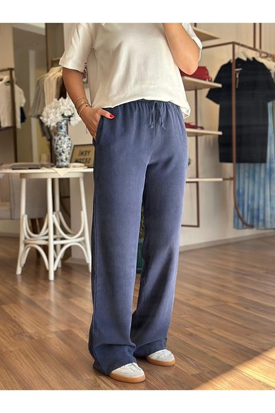 Unique Boutique Navy Blue Fabric Arabel Trousers with Elastic Waist and Pockets