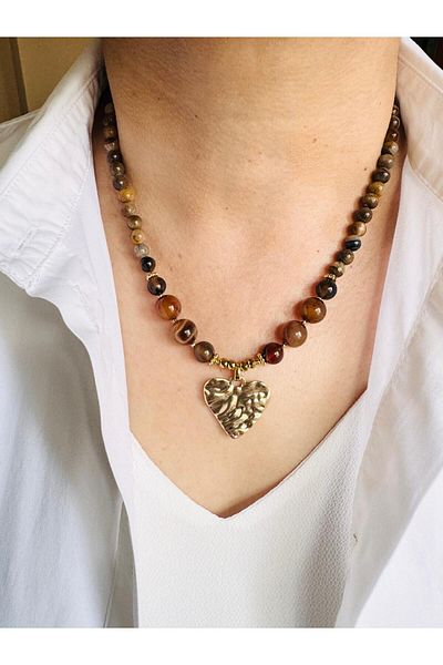 DEVİ fashion Tiger Eye Natural Stone Antique Heart Necklace 46 cm