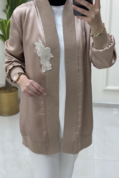 ribana Women's Ribbed Cardigan with Low Shoulder Collar and Embroidery Detail Mink Mse 3249