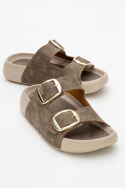 CCWAY AYAKKABI Women's Gold Buckle Slippers Mink