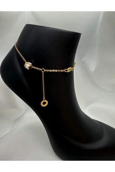 Mila Lumiere Baguette Stone Detailed Dangle Gold Gold Color Steel Anklet