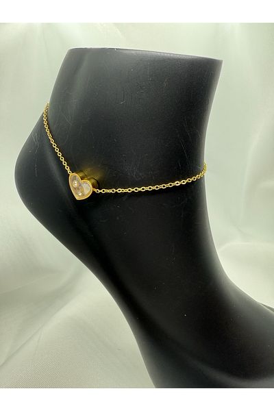 Mila Lumiere Elegant and Stylish Minimal Gold Gold Color Steel Anklet with Pearl Stone Heart Figure