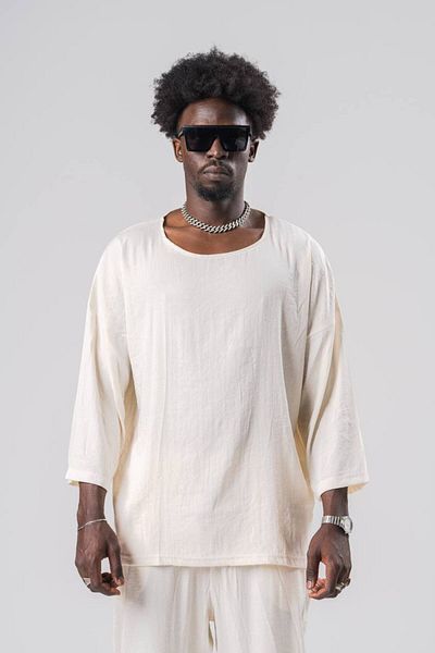 SUPERBLUE Men's Wide Crew Neck Summer Loose Ecru T-Shirt