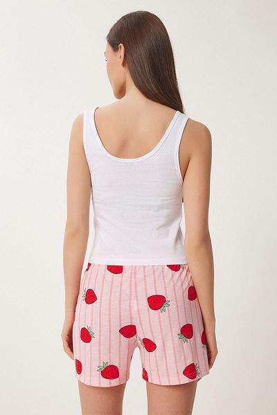 VibeGaia Women's Pink White Shorts Strawberry Printed Cotton Pajama Set