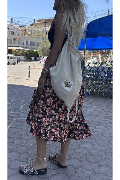 Handream Raw Linen Fabric Bee Pattern Processed Etamine Detailed Backpack (40X47 cm)