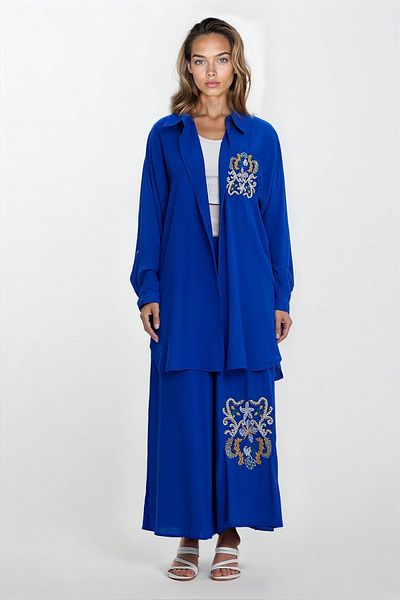 VAGGON Kimono și pantaloni cu detaliu de broderie albastră pentru femei Set de top și pantaloni de mărime mare Vs00319
