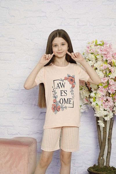 GRI MOR TEKSTIL Girl's Cotton Pajama Set T-Shirt-Shorts