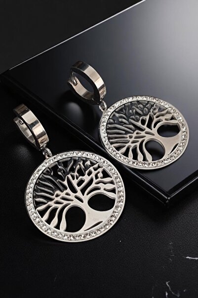 Lina Tia Kadın Çelik Gümüş Kaplama Zirkon Taşlı Halka Klipsli Hayat Ağacı Fig...