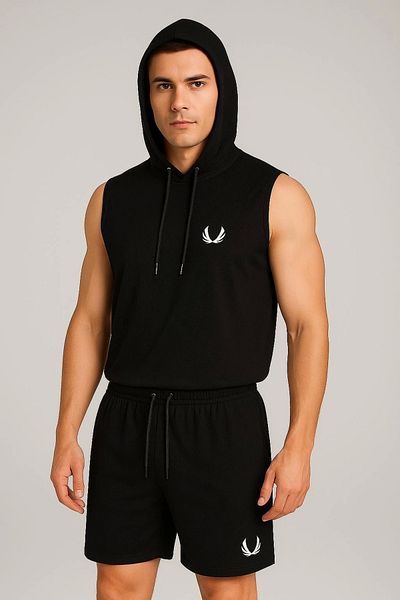 daniel milano Men's Lette Hooded Emblem Flexible Sleeveless Black Shorts Suit