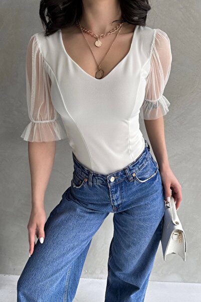 Caddebostan Moda Princess Sleeve Tulle Detailed Crepe Blouse