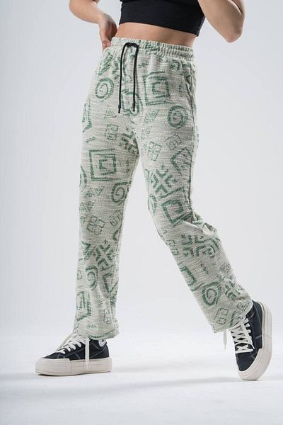 SUPERBLUE Women's Patterned Green Baggy Trousers with Elastic Waist