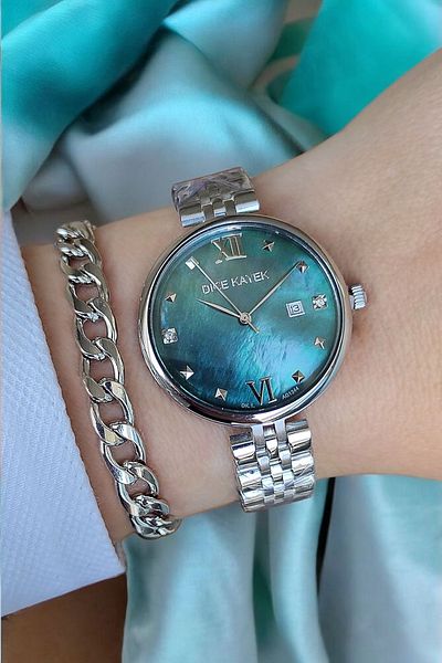 Dice Kayek Zircon Stone 5Atm Waterproof Green Dial Steel Women's Wristwatch with Calendar and Bracelet Gift