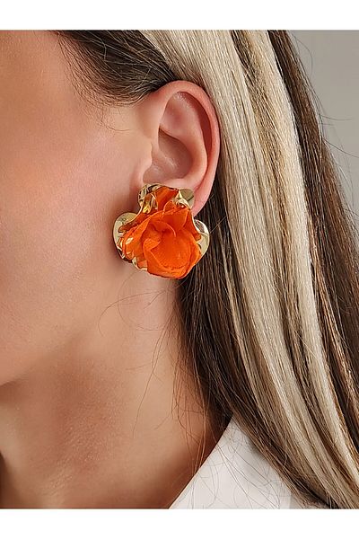 Eva Takı Store Textured Crown Leaf Flower Tulle Model Small Size Orange Earrings