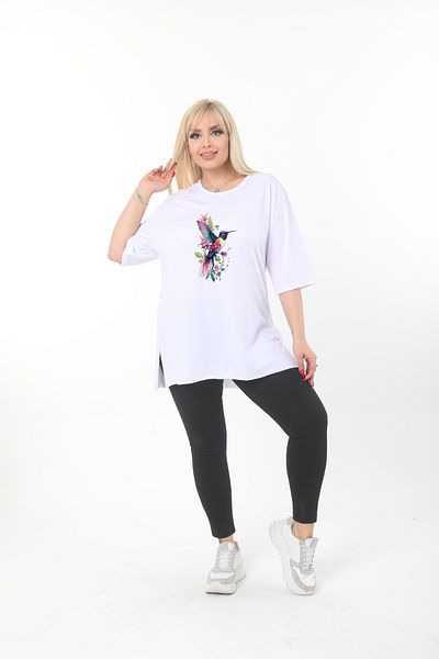 ÇİFTXL Large Size Knitted Viscose White Printed Salas T-Shirt