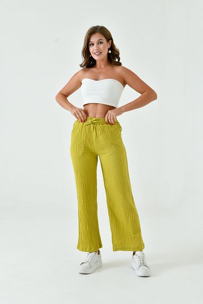 saint majesta Women's Summer Muslin Trousers 100% Cotton Wide Leg with Pockets (Sm25)