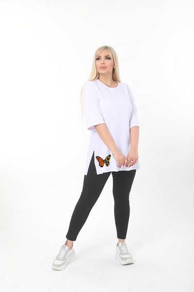 ÇİFTXL Large Size Knitted Viscose White Printed Salas T-Shirt