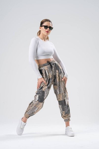SUPERBLUE Women's Patterned Summer Beige Jogger Baggy Trousers