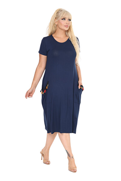 MELSAY Women's Short Sleeve Navy Blue Pockets Tassel Detailed Midi Dress