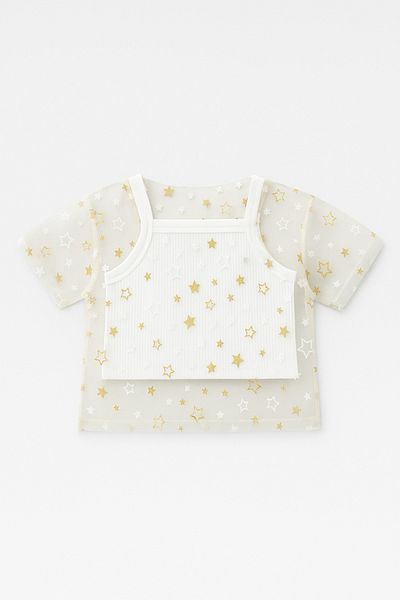 Magu Girl's Transparent Star Patterned Tulle Blouse and Suspender Crop Set - Star Detailed