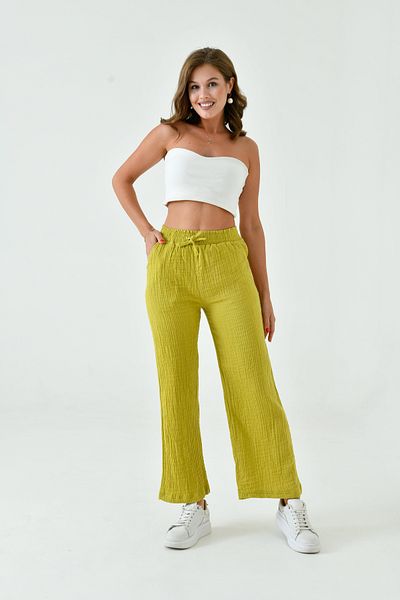 saint majesta Women's Summer Muslin Trousers 100% Cotton Wide Leg with Pockets (Sm25)