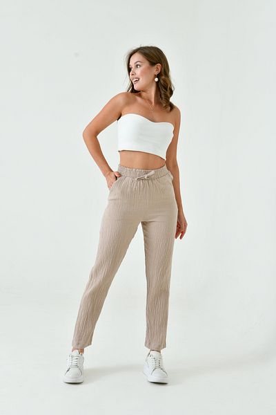 saint majesta Women's Summer Muslin Trousers 100% Cotton Narrow Leg with Pockets (Sm25)